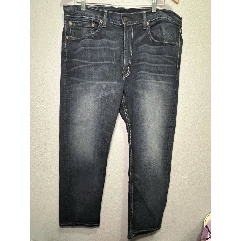 Levis 505 Jeans Mens 34X29 Blue Straight Leg Distressed Dark Wash 5 Pocket Denim